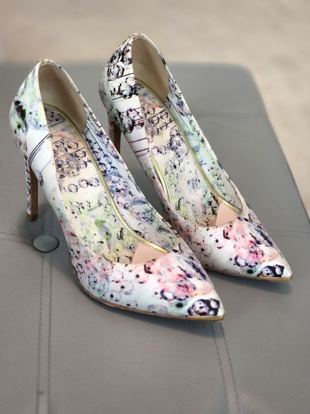 Ted Baker Floral Watercolor Pointed-Toe Stilettos - White with Pastel Accents